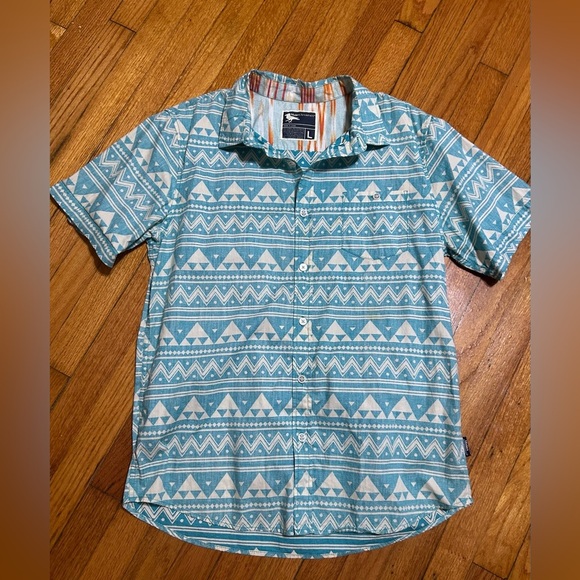 Modern Amusement Men Sz L Aztec Design Button Up Teal White  100% Cotton - Picture 1 of 9